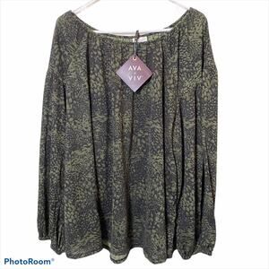 AVA & VIV LONG SLEEVE Abstract Print Fall Olive Green X NWT 14